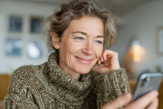 Smiling middle-aged woman in a knit sweater holding a smartphone and resting her chin on her hand at home