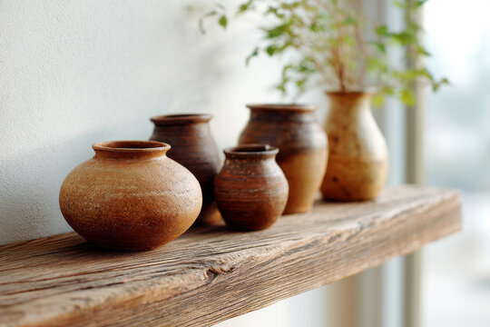Row of five hand thrown terracotta ceramic jars on reclaimed wooden shelf with plant bokeh and natural light