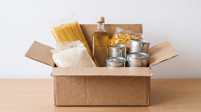 A donation carton containing essential dry goods, grains, pasta, and bottled oil against a neutral background, highlighting food security, relief programs, and charitable donations