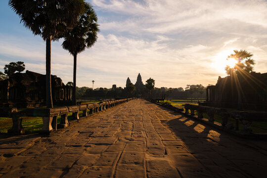 View of Angkor Wat at sunrise with a stone causeway leading to the temple, palm trees, and golden light in Krong Siem Reap, Siem Reap Province, Cambodia.
