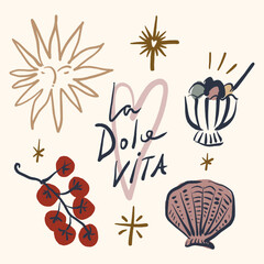 Fototapeta premium Doodle mediterranean summer vibe set with gelato ice cream, cherry tomatoes, seashell, sunburst face, heart, and la dolce vita lettering in artisanal vector