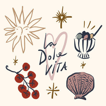 Doodle mediterranean summer vibe set with gelato ice cream, cherry tomatoes, seashell, sunburst face, heart, and la dolce vita lettering in artisanal vector