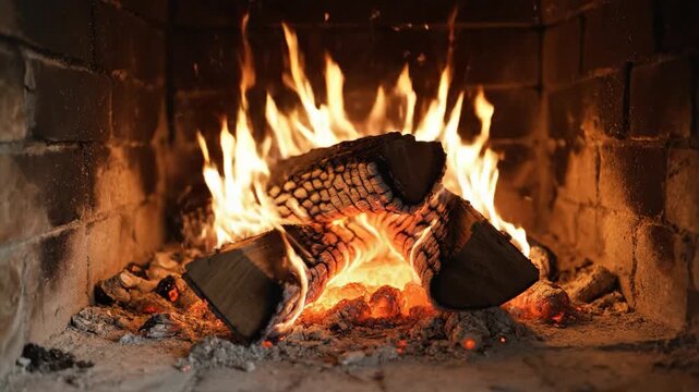 Bright orange flames dance and flicker intensely across burning logs in a rustic brick fireplace, creating a warm and inviting atmosphere.