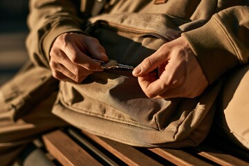 Fototapeta premium Hands zipping up a brown jacket, close-up shot.