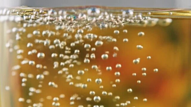 Close-up of effervescent bubbles rising through a celebratory golden drink in slow motion