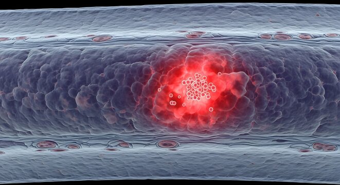 3D render of inflamed biological structure with red lesion, representing disease, infection, or cellular damage