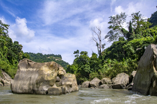 View of the large boulders of Raja Pathor in the Sangu River, surrounded by lush green forest under a blue sky in Bandarban District, Chittagong Division, Bangladesh.