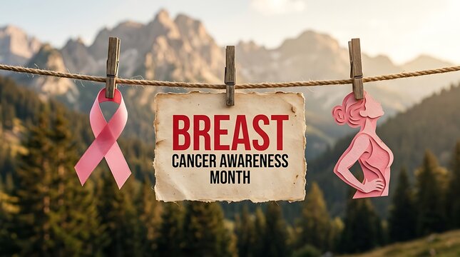 Breast Cancer Awareness Month Pink Breast Cancer Awareness Ribbon and Woman Silhouette on Clothesline in Mountains pink ribbon
