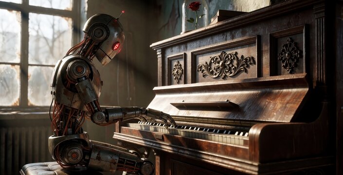 Rusty metal robot plays antique piano inside ruined room. Mechanical survivor touches wooden musical instrument keys near bright window. Artificial intelligence life form creates sad melody in