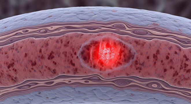 3D medical illustration: Inflamed tissue with glowing red core, symbolizing infection, disease, or pain at a cellular level.