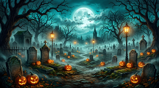 Spooky graveyard scene at night with glowing jack o lanterns for a helloween celebration and festive holiday background
