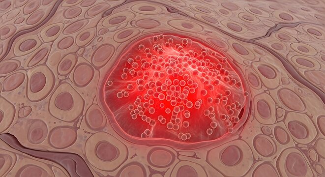 Microscopic view of inflamed or diseased cells in tissue, medical illustration