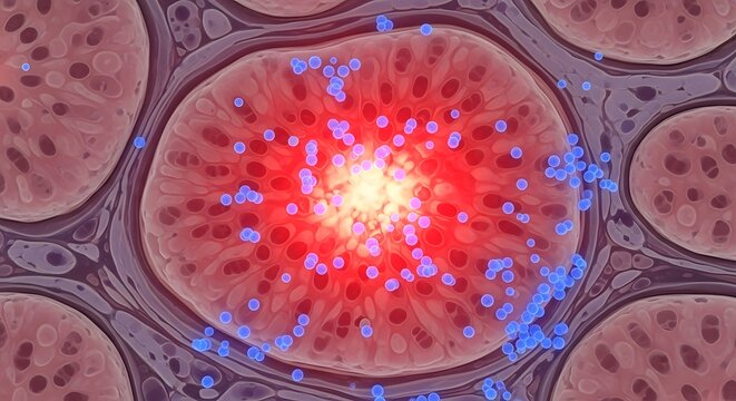 Microscopic view of cellular activity in biological tissue, showing inflamed core and interacting particles
