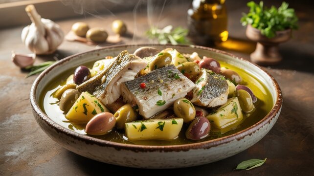 The national dish of Italian cuisine. 
Dried cod salad (Insalata di stoccafisso) is an appetizer of fish slices, boiled potatoes and olives.
