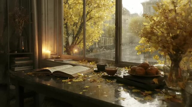 Paris, France, Europe. A moody, atmospheric portrayal of a cozy, autumnal setting. A window sill is the main subject, illuminated by a soft, warm light. An open book, a cup of tea.