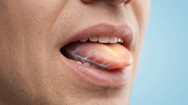 Close-up of a human mouth with a glowing neural network pattern on the tongue illustrating futuristic biotechnology and connectivity