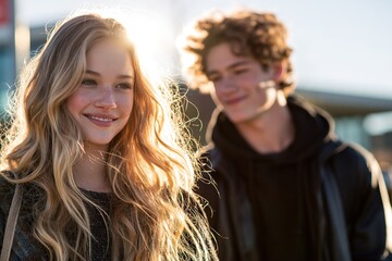 Fototapeta premium Sunlit Duo: A Girls Radiant Smile and Boys Smirk in the Background.