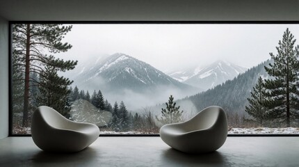 Obraz premium Minimalist living room interior features white modern organic chairs overlooking panoramic winter mountain landscape. Large window snowy forest peaks covered in fog. Quiet space offers calm