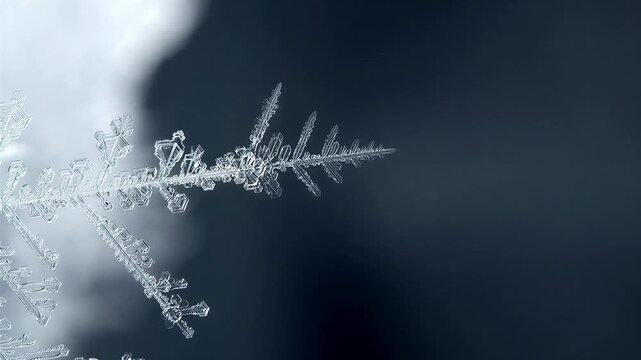 Extreme close-up of a delicate ice crystal formation on a dark background