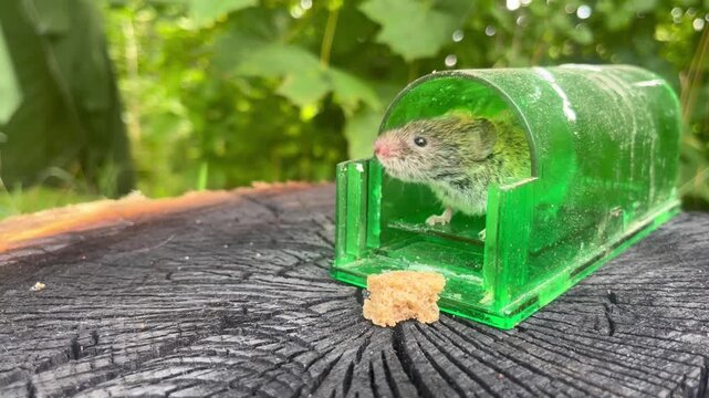 Field mouse in a humane mousetrap in nature
