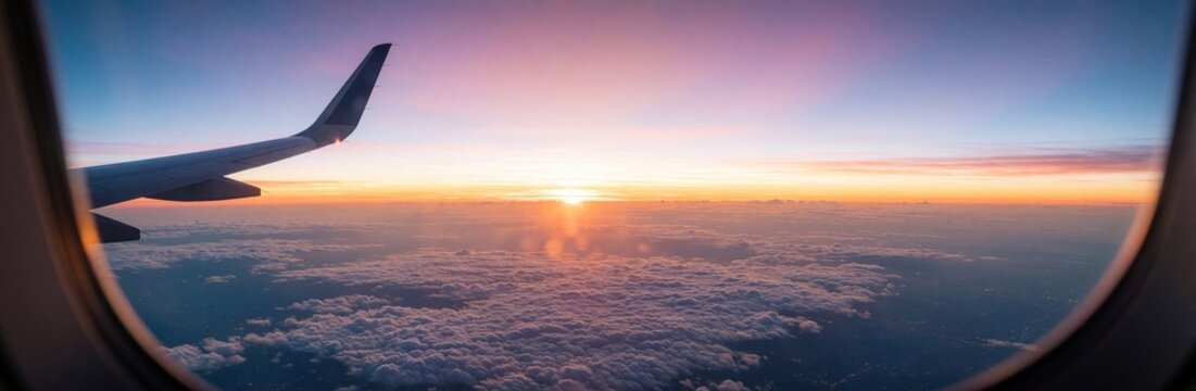 Airplane wing flies above clouds during colorful sunset seen through aircraft window. Warm sun rays pierce through sky towards ocean horizon. Peaceful twilight atmosphere above sea.
