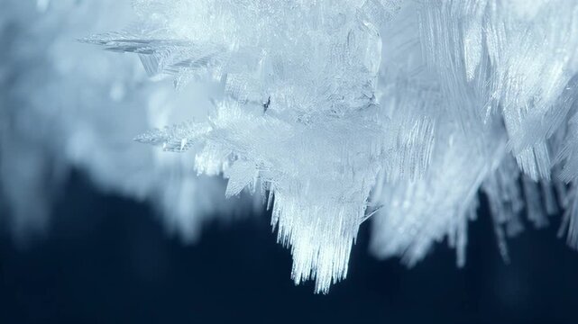 Close-up of delicate ice formations and icicles hanging in cold weather