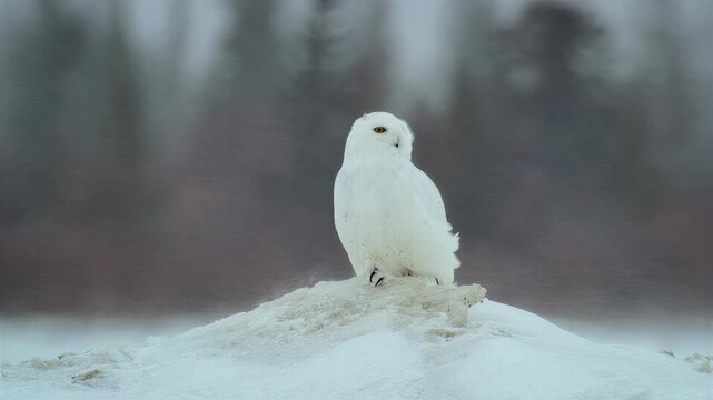 Majestic snowy owl perched on icy terrain during a winter storm