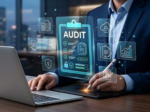 Corporate audit planning and governance strategy with digital compliance documentation and electronic business verification technology