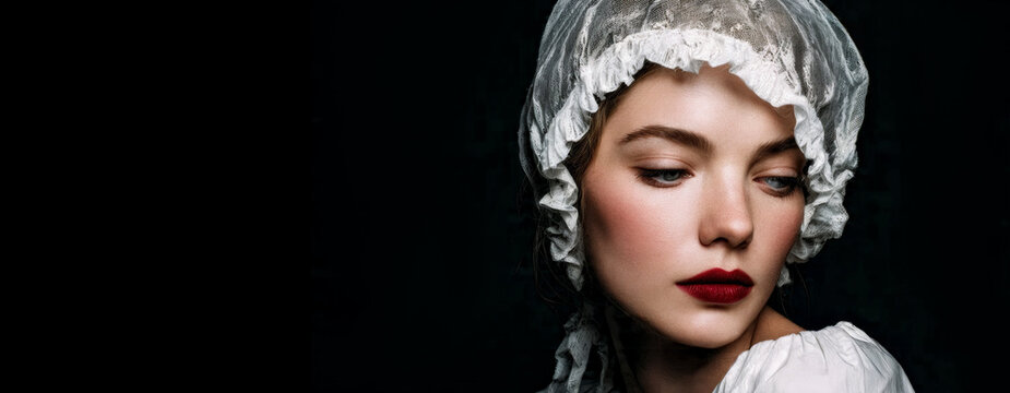 Portrait of a woman in a vintage sleeping cap.