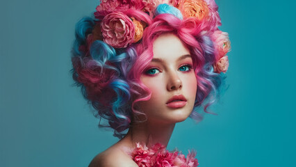 Obraz premium Portrait of a girl with colorful hair and flowers in her hair.