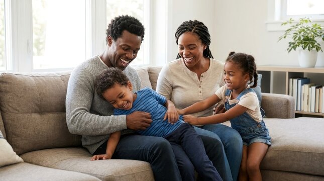 Happy black family of four enjoying quality time laughing and playing together on a comfortable sofa in a bright modern living room