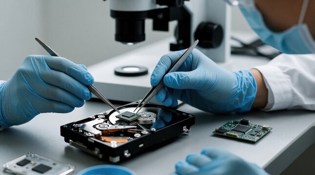 Technician in blue medical gloves uses metal tweezers to repair broken hard drive. Expert works at modern laboratory desk with microscope. Pro performs detailed digital data recovery from opened