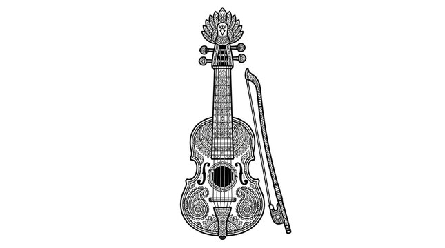 Ornate traditional rebab string instrument line art.
