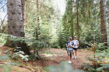 Obraz premium Kids exploring forest trail during summer hiking trip