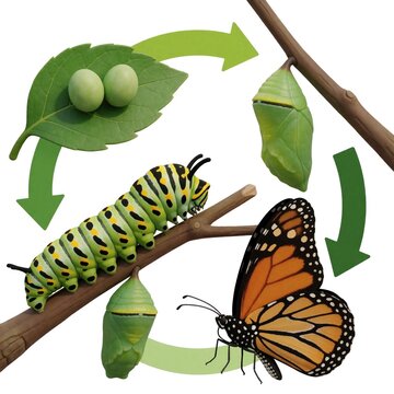 Educational diagram shows butterfly life cycle stages. Illustration features insect eggs on green leaf crawling on branch pupa in chrysalis state, adult monarch butterfly with wings. Flow chart