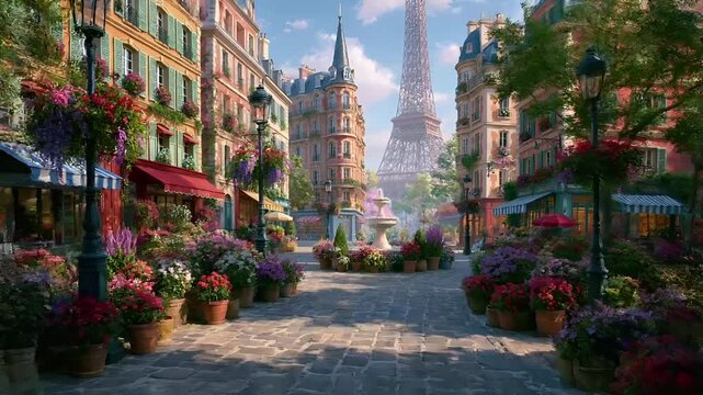 Paris, France, Europe. A vivid portrayal of a Parisian street scene depicts the Eiffel Tower in the background. The scene features a cobblestone street lined with multistory buildings.