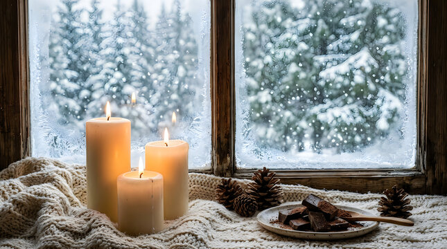 Cozy winter window scene with glowing candles and pinecones christmas peaceful