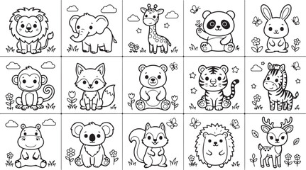 Set of cute wild animal coloring pages for children with lion elephant giraffe panda and monkey © Mahafuz