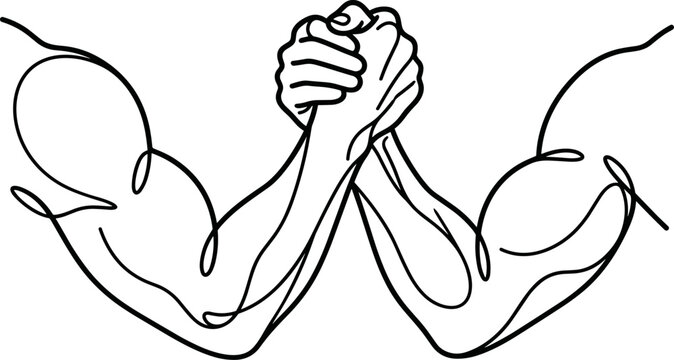 Continuous one line drawing of two muscular arms wrestling.