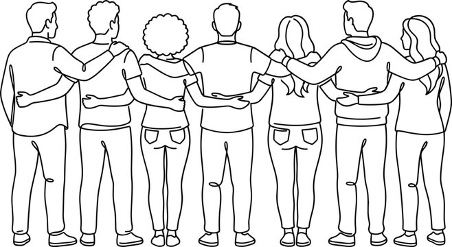 Group of diverse people standing together with arms around each other line art illustration.