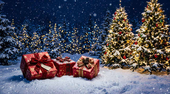 Christmas gift boxes under illuminated snowy pine trees at night with christmas
