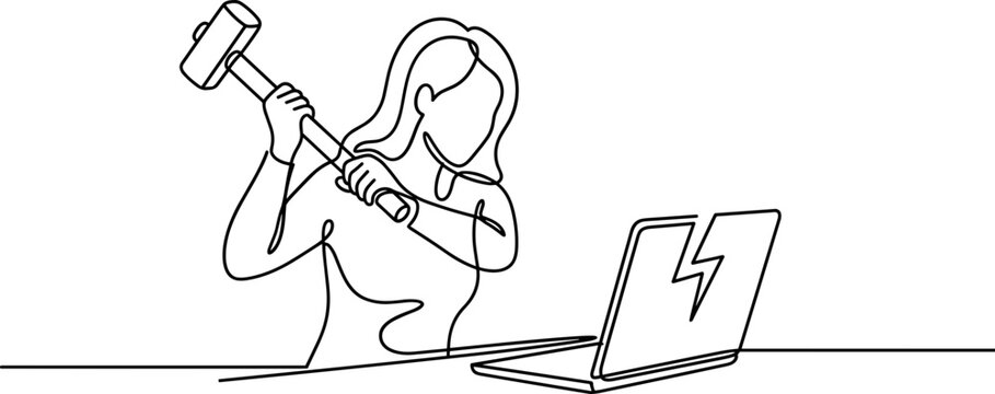 Continuous line drawing of a frustrated woman smashing a laptop with a hammer.