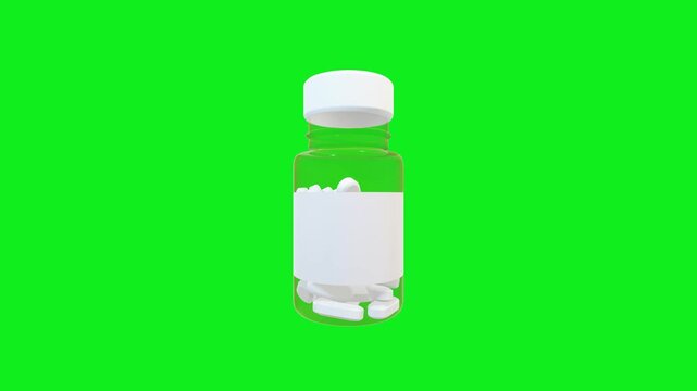 Pill bottle with white tablets isolated on green screen background a transparent