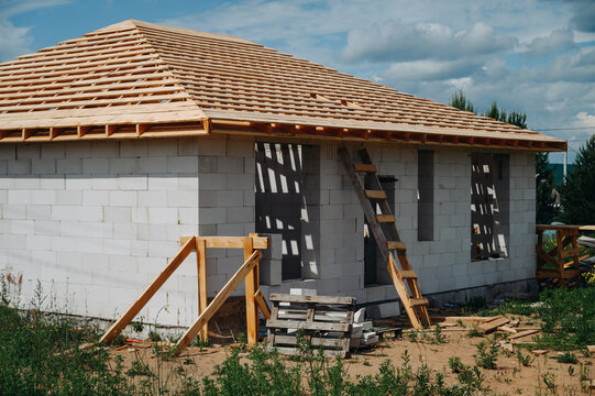 wooden roof rafters, building house, unfinished house