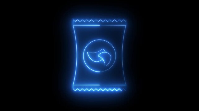glowing neon Potato chips snack bag icon isolated on black background. perfect for food packaging design. 4k video animation.