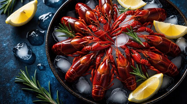 Red boiled crayfish arranged on ice with lemon slices and rosemary sprigs. Seafood delicacy served in dark bowl on textured blue background. Fresh crustaceans ready to eat.