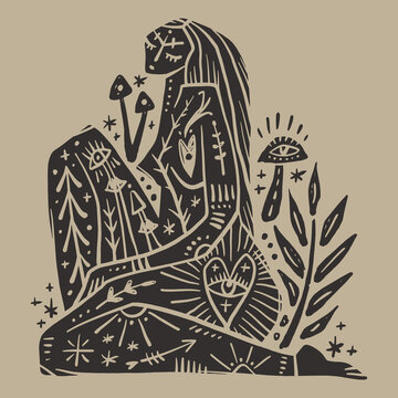 Artisanal doodle depicting ornamental folk goddess, grunge mushroomcore girl, sacred woman practicing reiki magic, antique tarot cards mystic mushroom vibe 