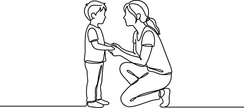 Continuous line drawing of a mother talking to her little son.