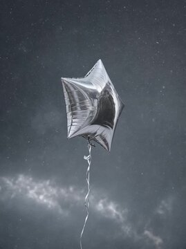 Silver star-shaped foil balloon floating in a snowy night sky, minimalist festive concept capturing winter magic, celebration, elegance and dreamy holiday atmosphere
