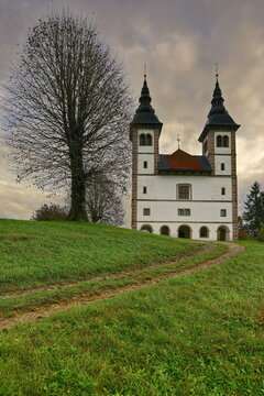 St.Volbenka in Logu parish church, Renaissance-Baroque from 1660-90 with two bell towers, their onion domes remade in 2006. Skofja Loka-Slovenia-167